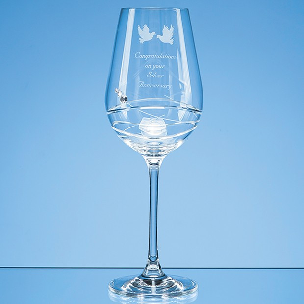 Custom Printed Single Diamante Wine Glass with Modena Spiral Cutting