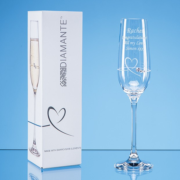 Custom Printed Single Diamante Petit Champagne Flute with Heart Design in an attractive Gift Box