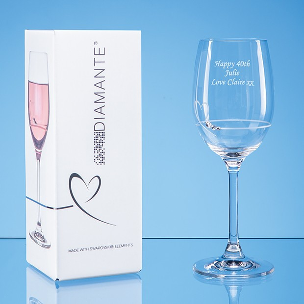 Custom Printed Single Diamante Petit Wine Glass with Heart Design in an attractive Gift Box