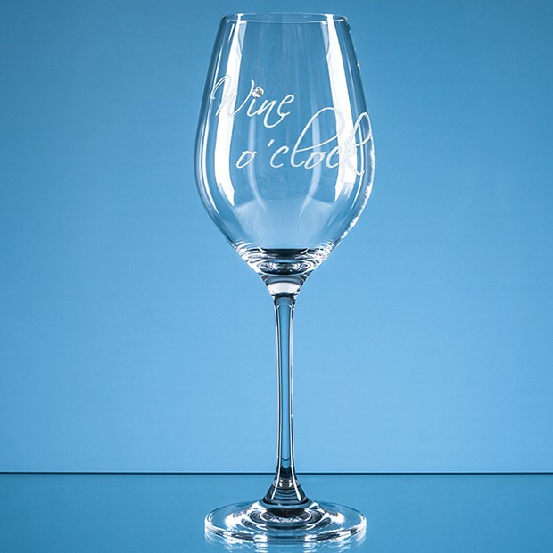 Custom Printed 360ml 'Wine o'clock' Diamante Wine Glass