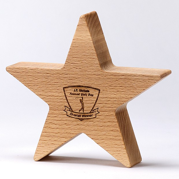 Branded 13cm x 13cm x 3.5cm Beech 5 Pointed Star Award