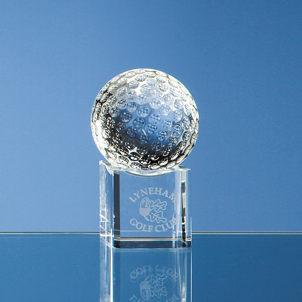 Custom Printed 5cm Optical Crystal Golf Ball on a Clear Crystal Base