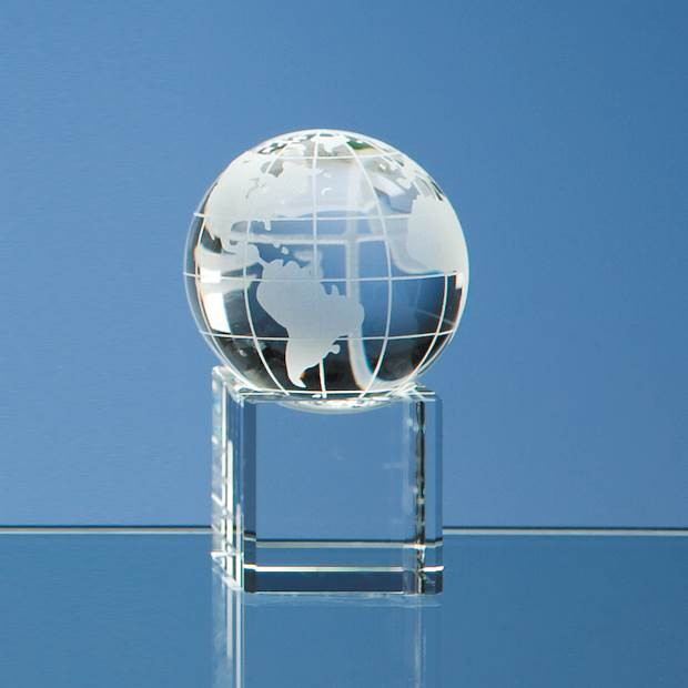 Custom Printed 5cm Optical Crystal Globe on a Clear Crystal Base