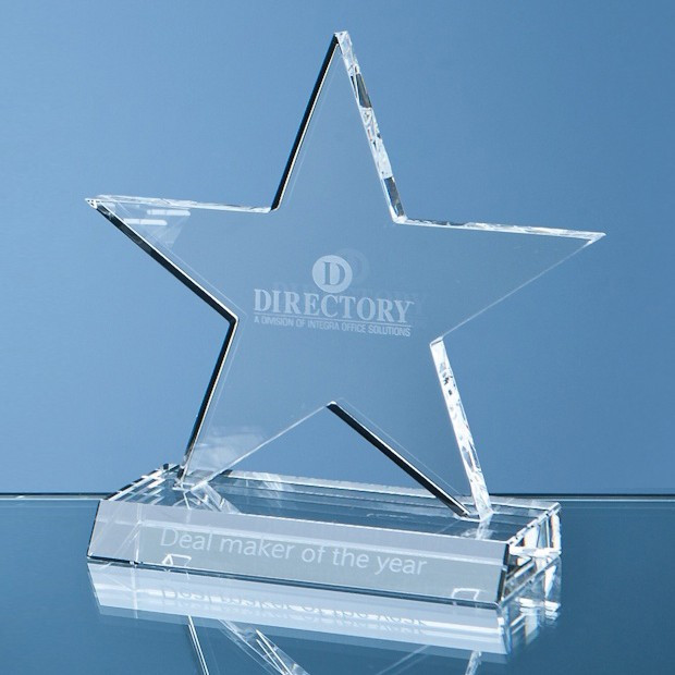 Custom Printed 11cm Optical Crystal 5 Pointed Star on Base Award