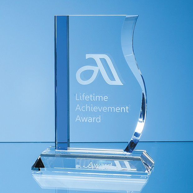 Custom Printed 17.5cm Optical Crystal Blueline Wave Award