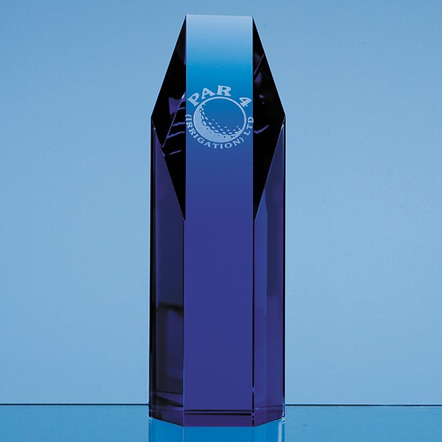 Custom Printed 19cm Sapphire Blue Optical Crystal Hexagon Award