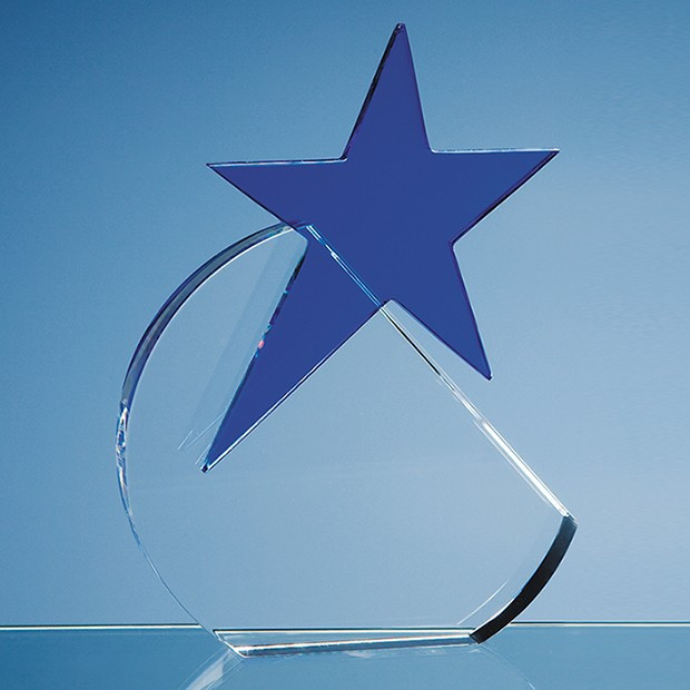 Custom Printed 17.5cm Optical Crystal Circle with a Cobalt Blue Star Award