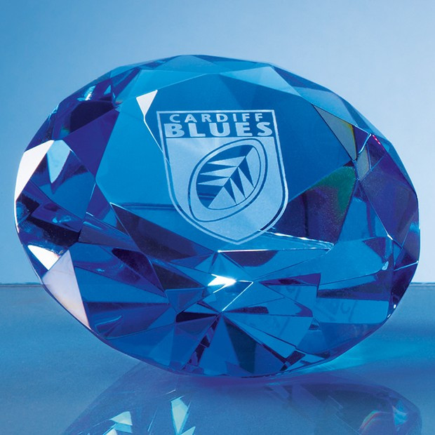 Custom Printed 10cm Optical Crystal Blue Diamond Paperweight