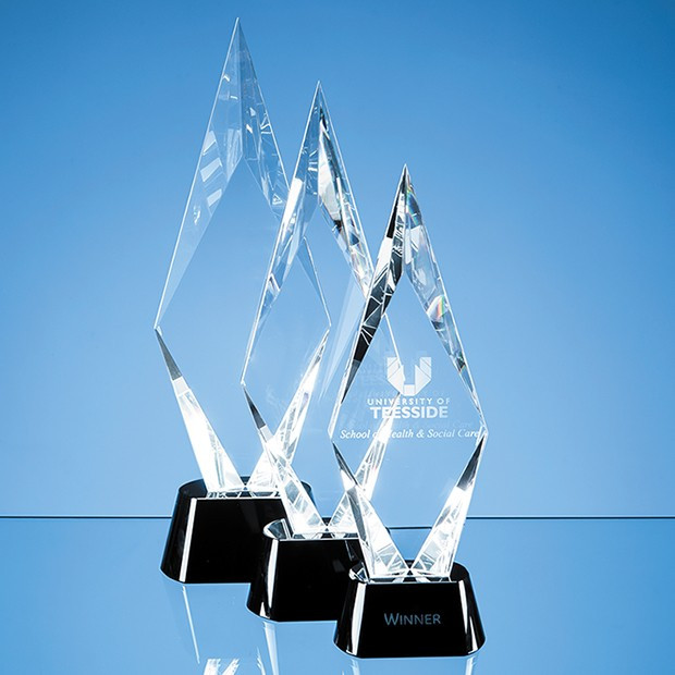 Custom Printed 38.5cm Optical Crystal Facet Mounted Peak Award with Onyx Black Base