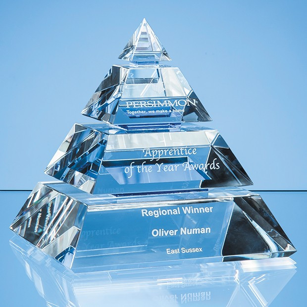 Custom Printed 16cm Clear Optical Crystal Luxor Pyramid Award with 3 Cobalt Blue Lines