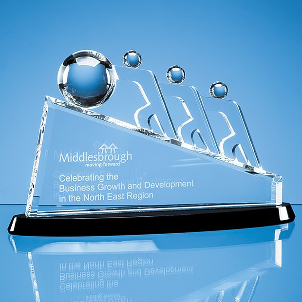 Custom Printed 32cm Optical Crystal Slope Teamwork Award Mounted on an Onyx Black Crystal Base