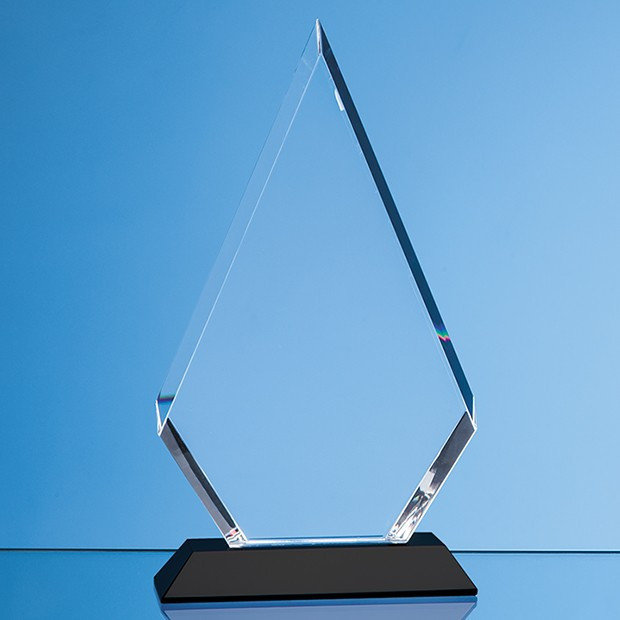 Custom Printed 18cm Optical Crystal Facet Diamond Award on an Onyx Back Base