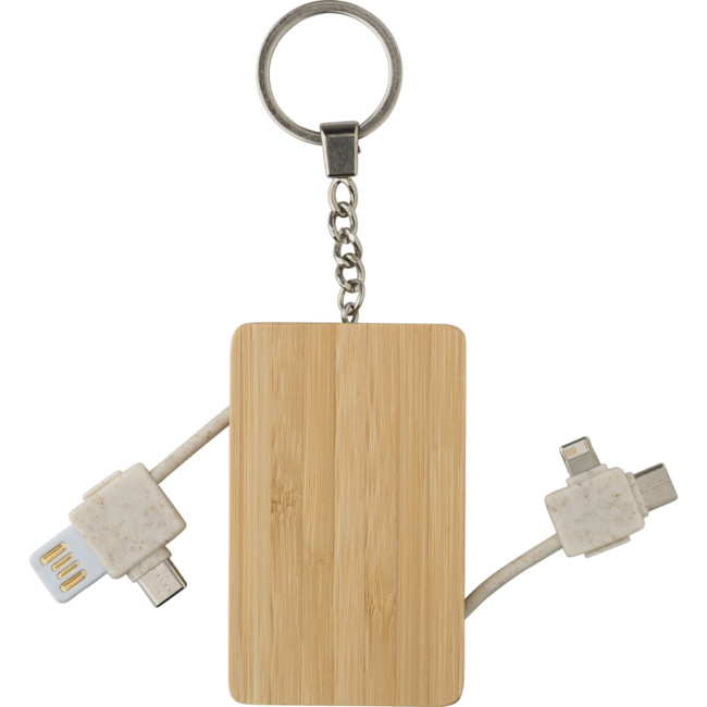 Branded Bamboo Keychain With Charging Cables - Image 1