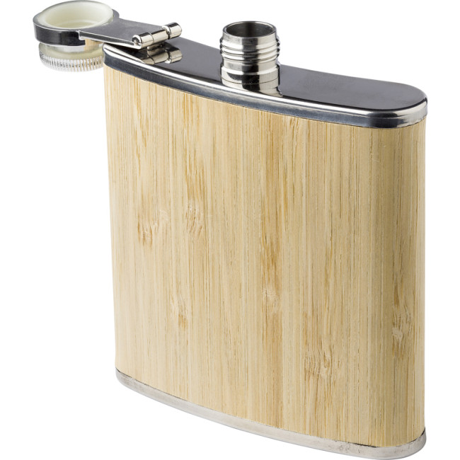 Branded Stainless Steel And Bamboo Hip Flask - Image 1