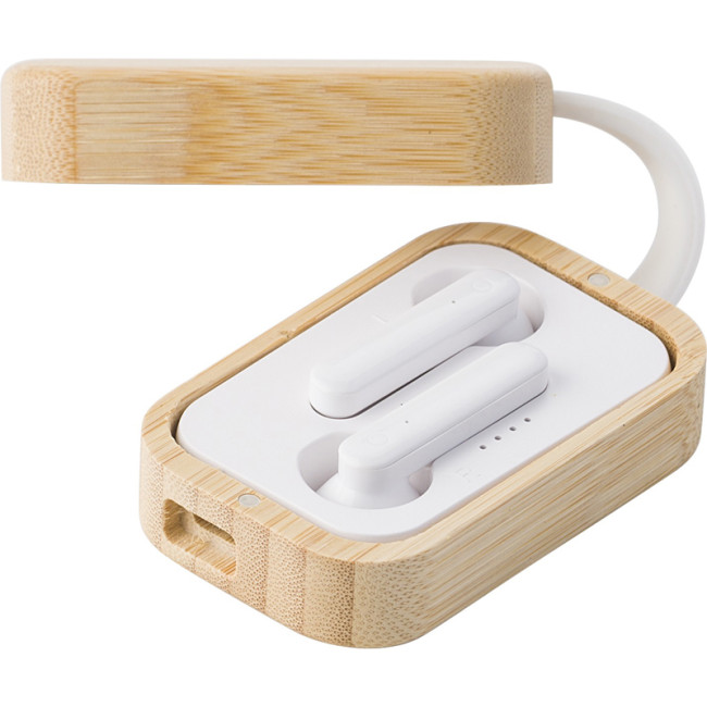 Branded Earphones In Bamboo Case - Image 1