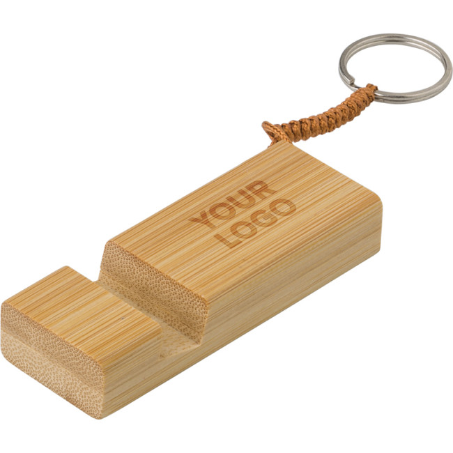 Branded Bamboo Key Chain Phone Stand - Image 1