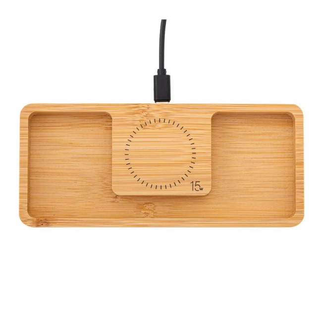 Branded Bamboo Desktop Organiser With Wireless Charger 15W