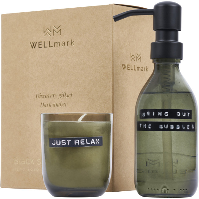 Branded Wellmark Discovery 200ml Hand Soap Dispenser & 150g Candle Set Dark Amber Fragrance