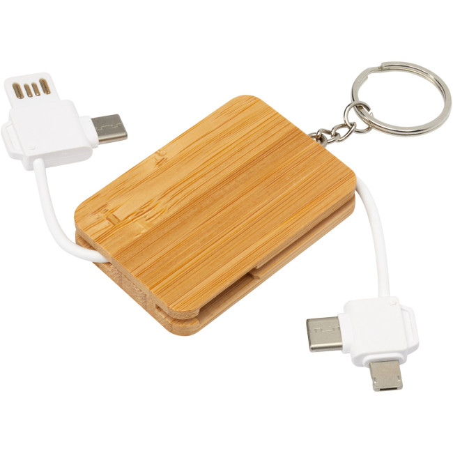 Branded Reel 6-In-1 Retractable Bamboo Key Ring Charging Cable