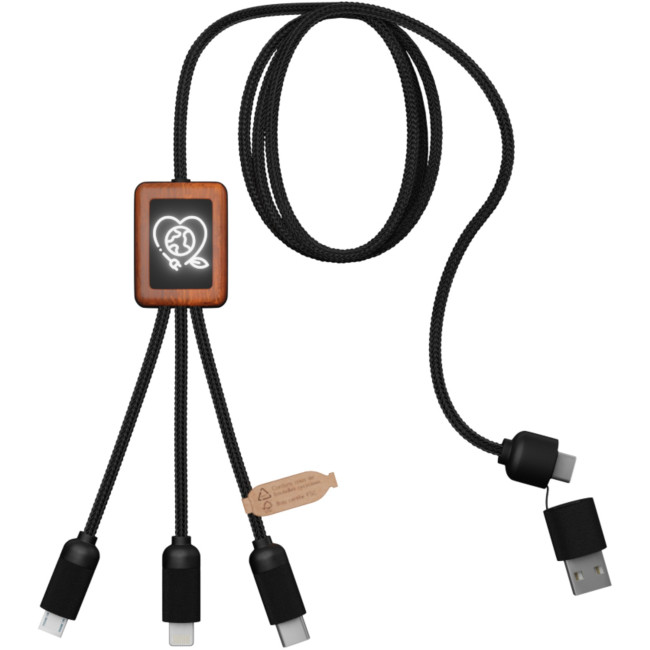 Custom Printed SCX.Design C38 5-In-1 RPET Light-Up Logo Charging Cable With Squared Wooden Casing - Image 1