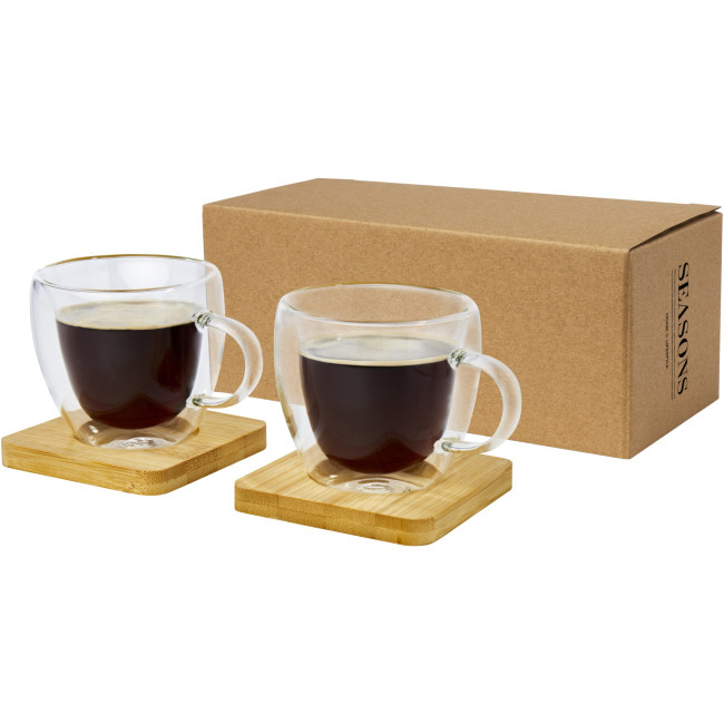 Branded Manti 2-Piece Double-Wall Glass Cup With Bamboo Coaster 100ml