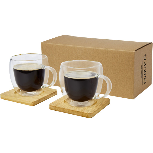 Branded Manti 2-Piece Double-Wall Glass Cup With Bamboo Coaster 250ml