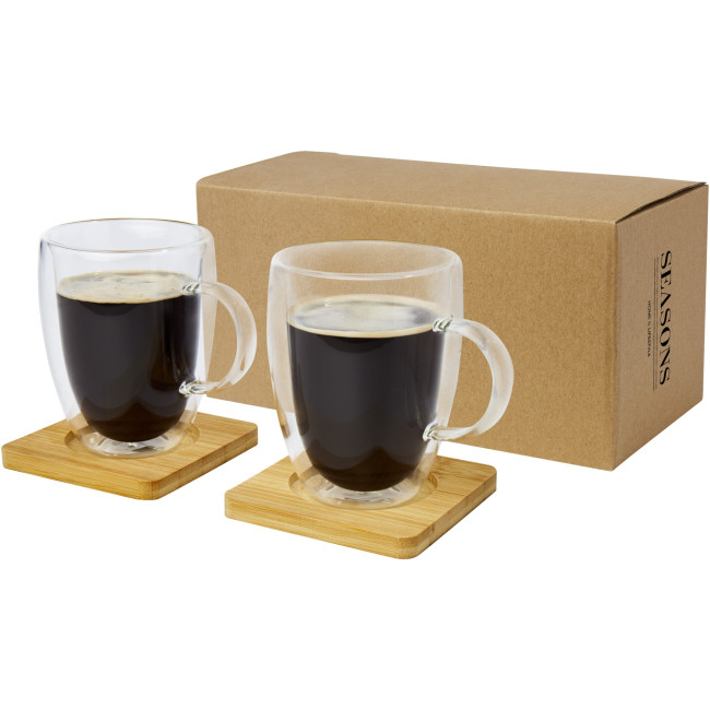 Branded Manti 2-Piece Double-Wall Glass Cup With Bamboo Coaster 350ml