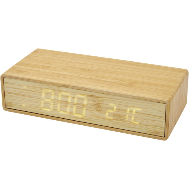 Branded Minata Bamboo Wireless Charger With Clock