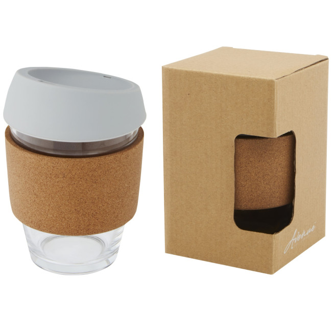 Custom Printed Lidan Borosilicate Glass Tumbler With Cork Grip And Silicone Lid 360ml - Image 3