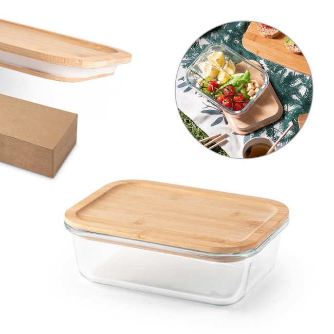 Custom Printed Borosilicate Glass Lunch Box With Bamboo Lid 1000ml