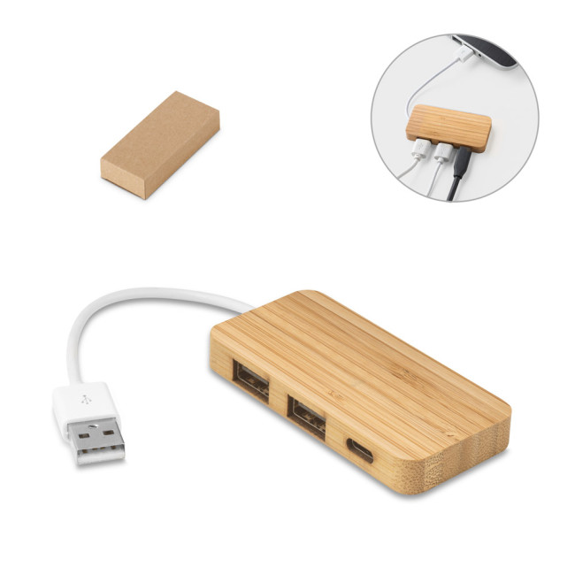 Branded Bamboo USB Hub With 2 Ports