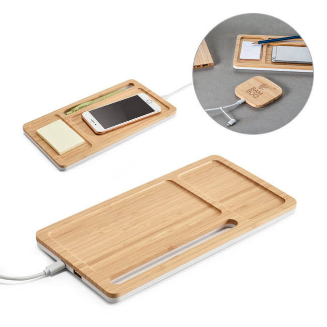 Branded Bamboo Desk Organiser With Wireless Charger