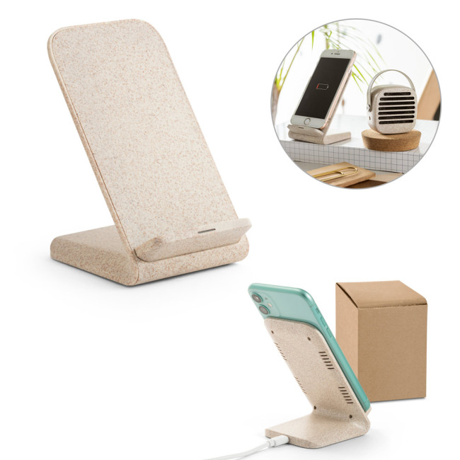 Custom Printed Wheat Straw Fiber & ABS Mobile Phone Holder With Wireless Charger