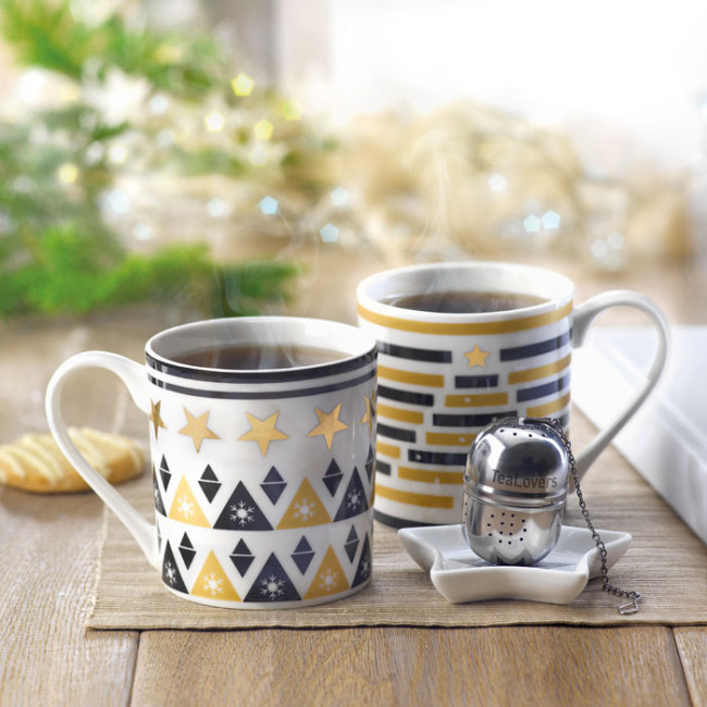 Custom Printed Ceramic Mug Set With Tea Filter & Mini Plate - Image 3