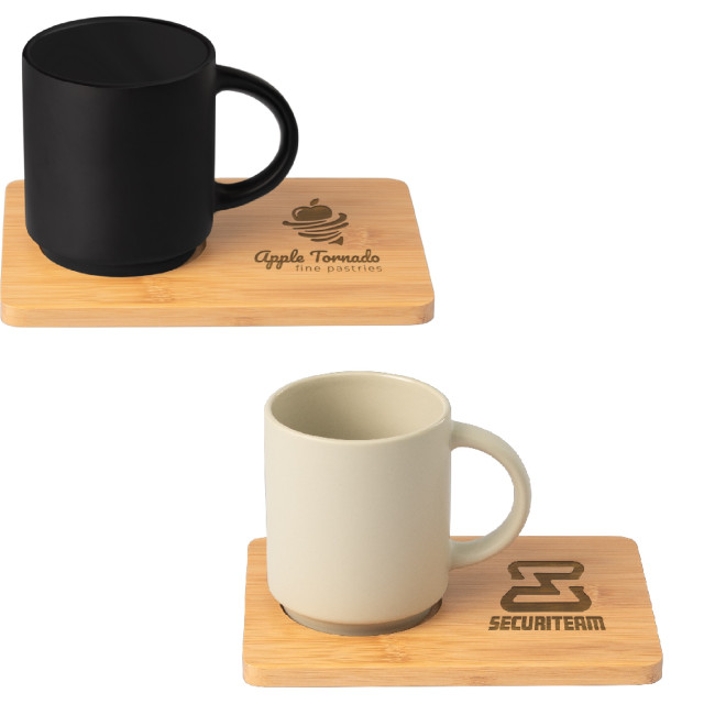 Custom Printed Café Duo Ceramic Mug & Bamboo Board Set 325ml