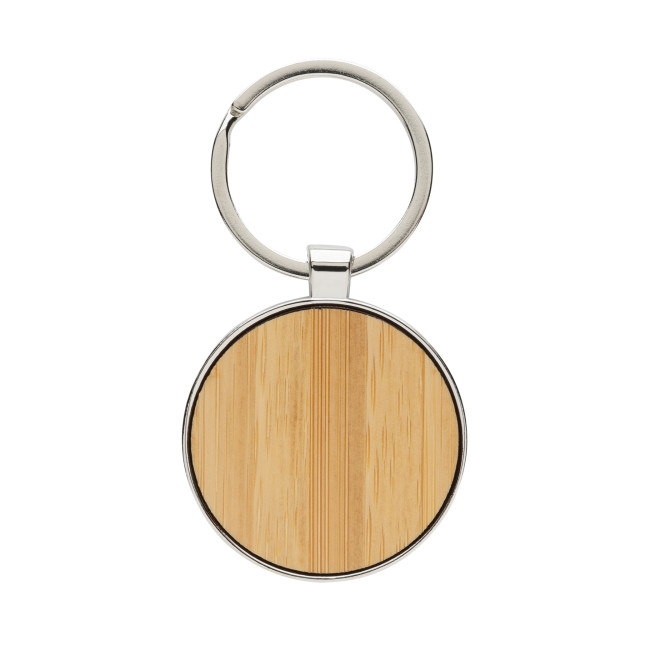 Custom Printed RCS Recycled Zinc Alloy Round Keychain With Bamboo - Image 1