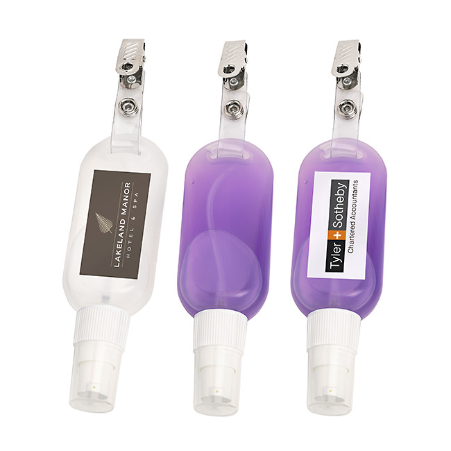 Custom Printed Purple Alcohol Free Antibacterial Hand Sanitiser on a Clip (50ml)