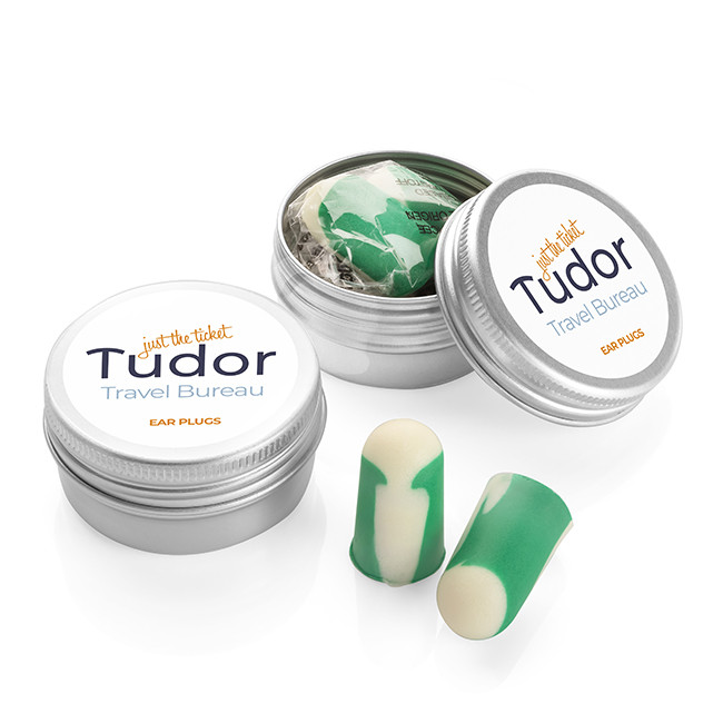 Custom Printed Pair of Bio-Based Ear Plugs in a Tin