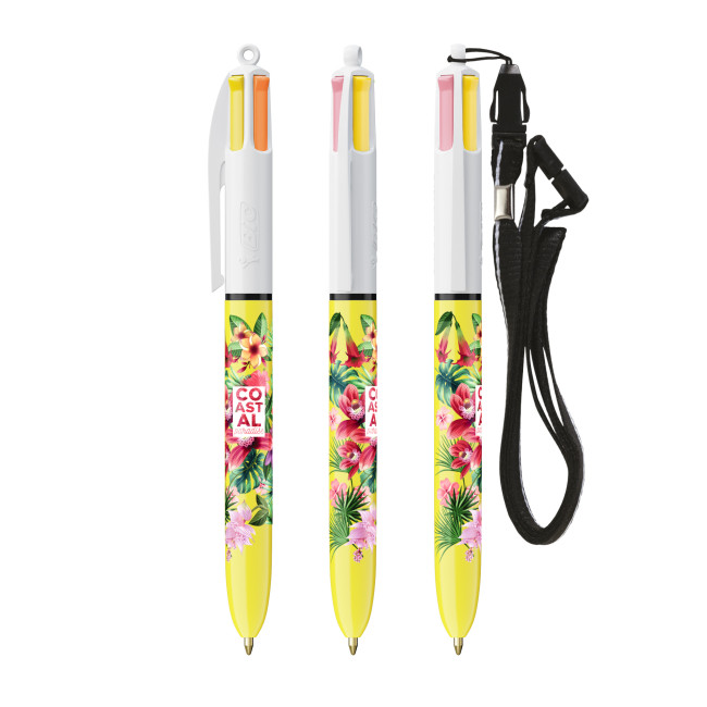 Custom Printed BIC 4 Colours Sun With Lanyard Ballpen Screen Printing - Image 1