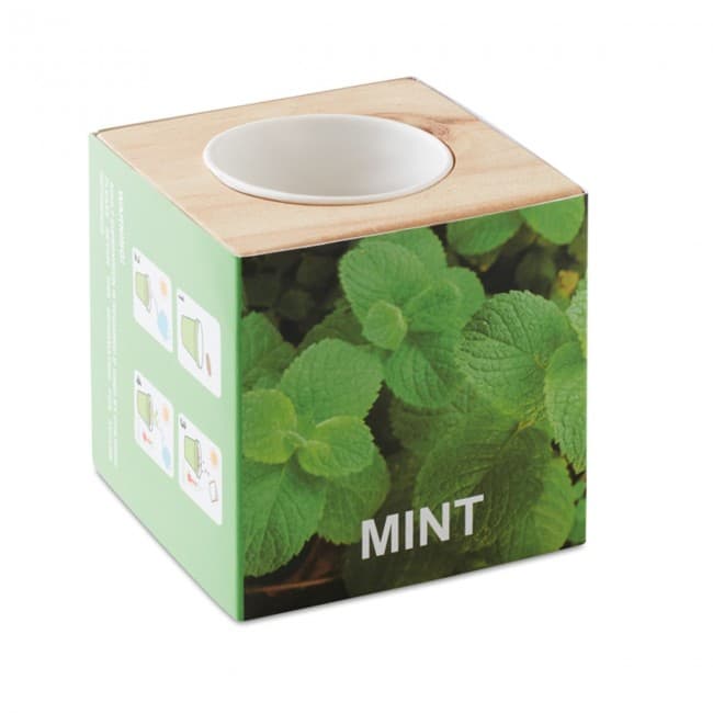 Custom Printed Herb Wood Pot With Mint Seeds - Image 4