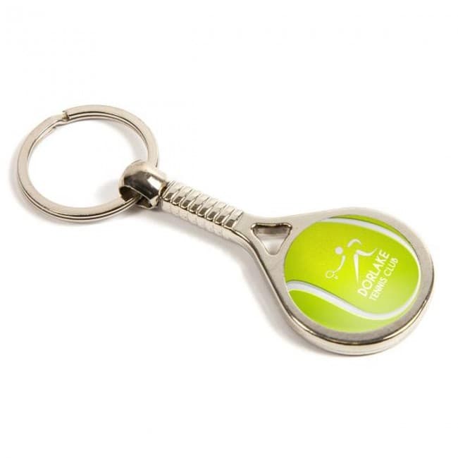 Custom Printed Silver Metal Tennis Racket Keyring - Image 1