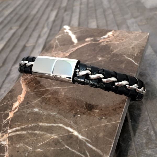 Custom Printed Nckis Mens Black Leather Chain Bracelet