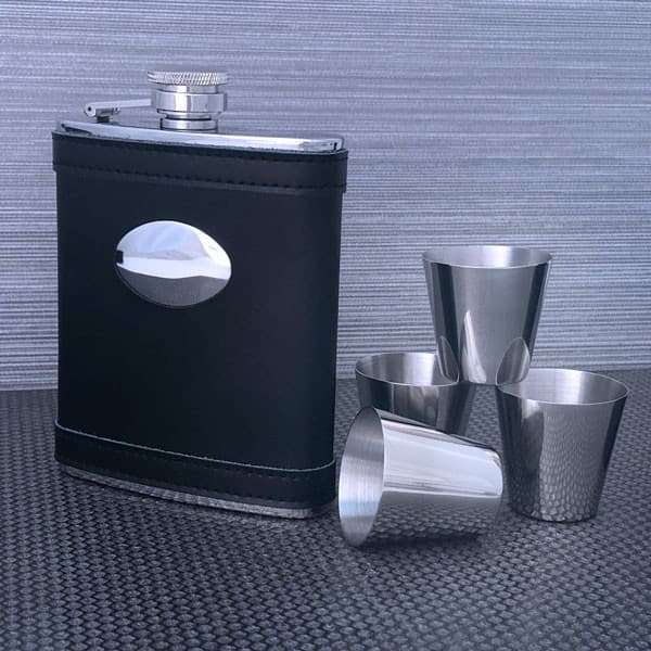 Custom Printed Black leather flask with cups