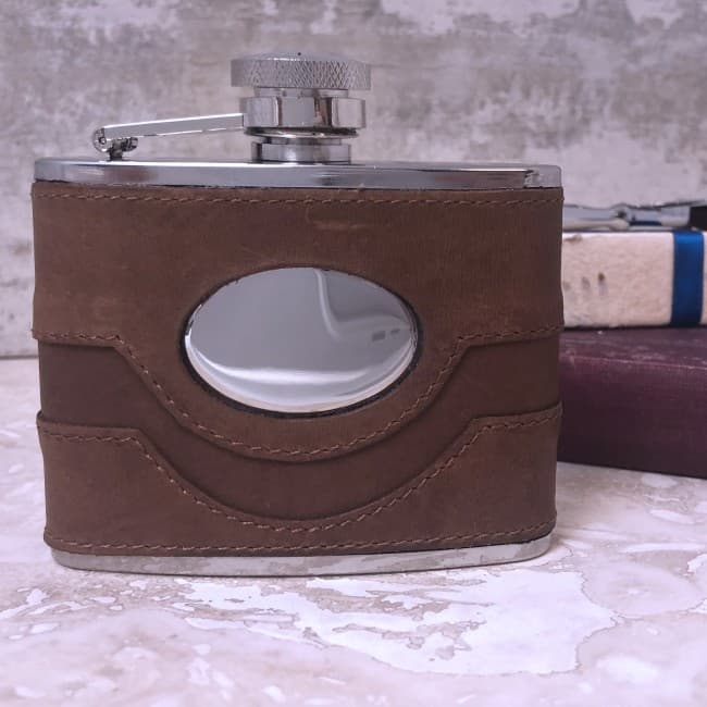 Custom Printed brown leather flask