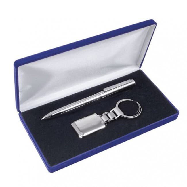 Custom Printed Pen & Keyring Set in  Hinged Blue Presentation Box