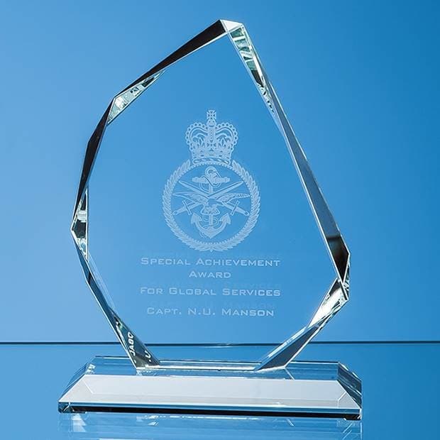 Custom Printed 15cm x 11.5cm x 15mm Clear Glass Facetted Ice Peak Award