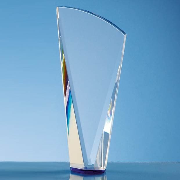 Custom Printed 21cm Clear Optical Crystal Facet Shard Award with a Sapphire Blue Base