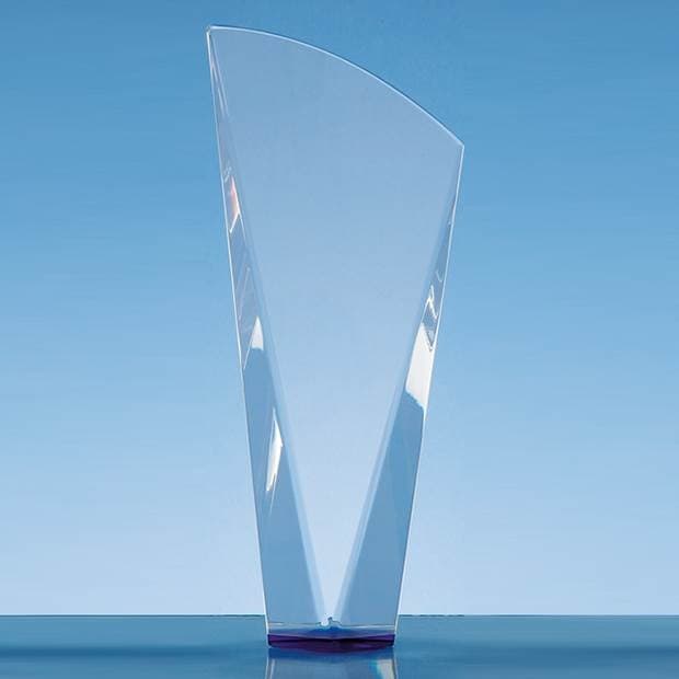 Custom Printed 23.5cm Clear Optical Crystal Facet Shard Award with a Sapphire Blue Base