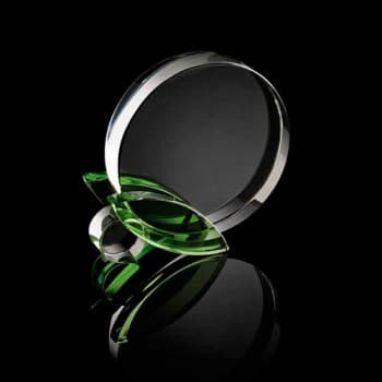 Chunky Round Crystal Award With Green Leaf Stand