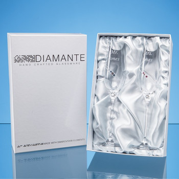 2 'His & Hers' Diamante Champagne Flutes with Orbital Design in an attractive Gift Box